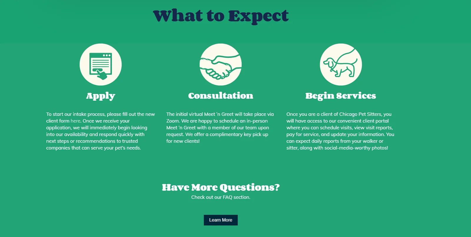 Chicago Pet Sitters What to Expect steps: apply, consultation and begin services