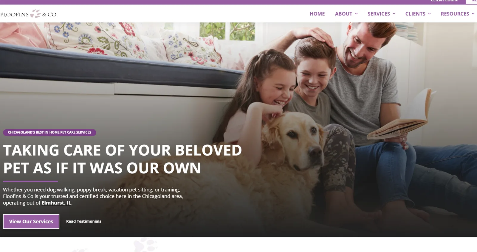 Floofins & Co. homepage with a Taking care of your beloved pet hero and a family with their dog