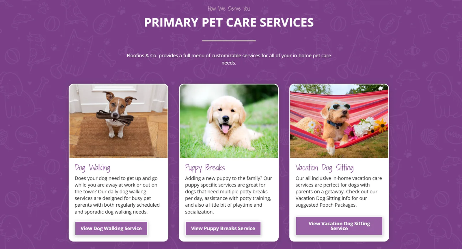 Floofins & Co. primary pet care services cards for dog walking, puppy breaks and vacation dog sitting