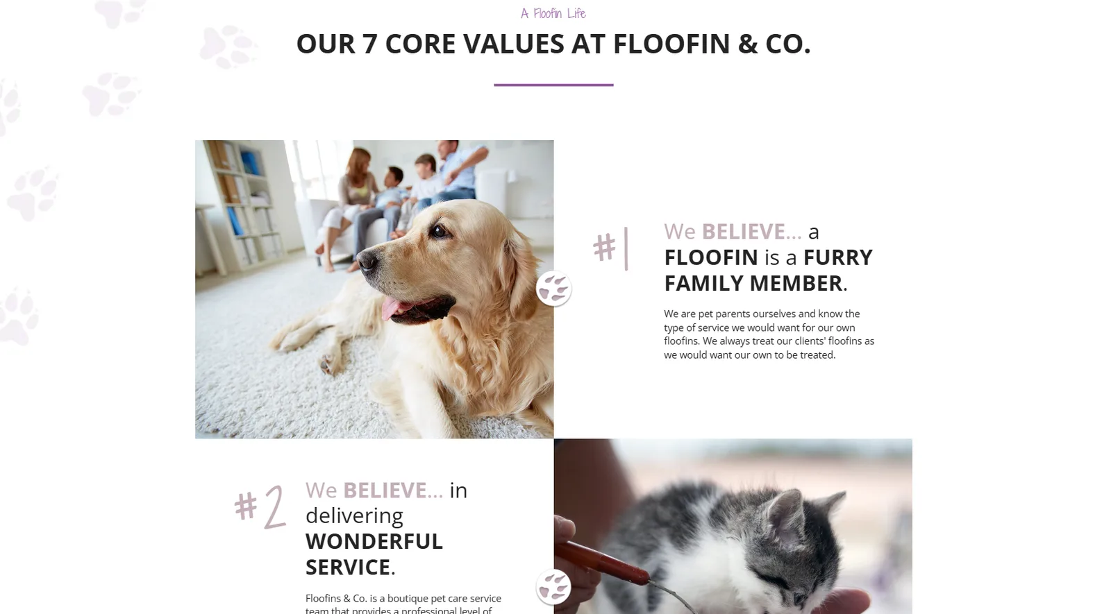 Floofins & Co. core values section with pet photos