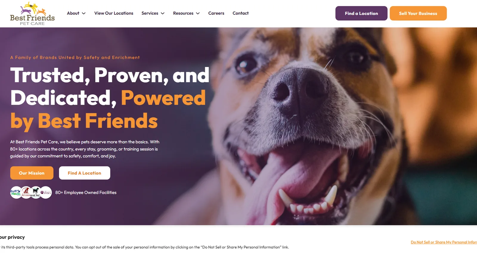 Best Friends Pet Care homepage with a Trusted, Proven, and Dedicated hero and location buttons