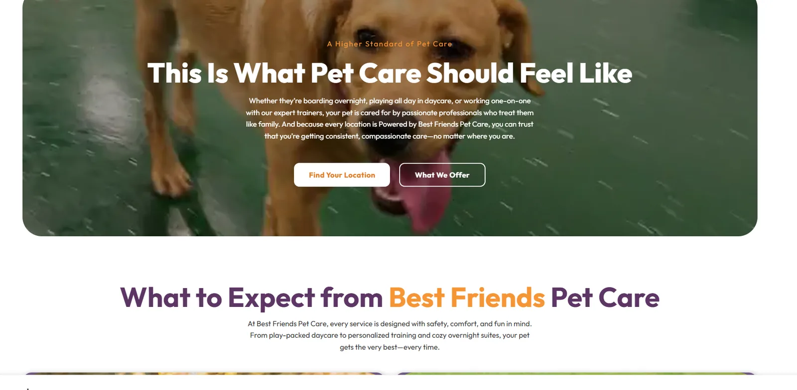 Best Friends Pet Care What to Expect section with a find your location button