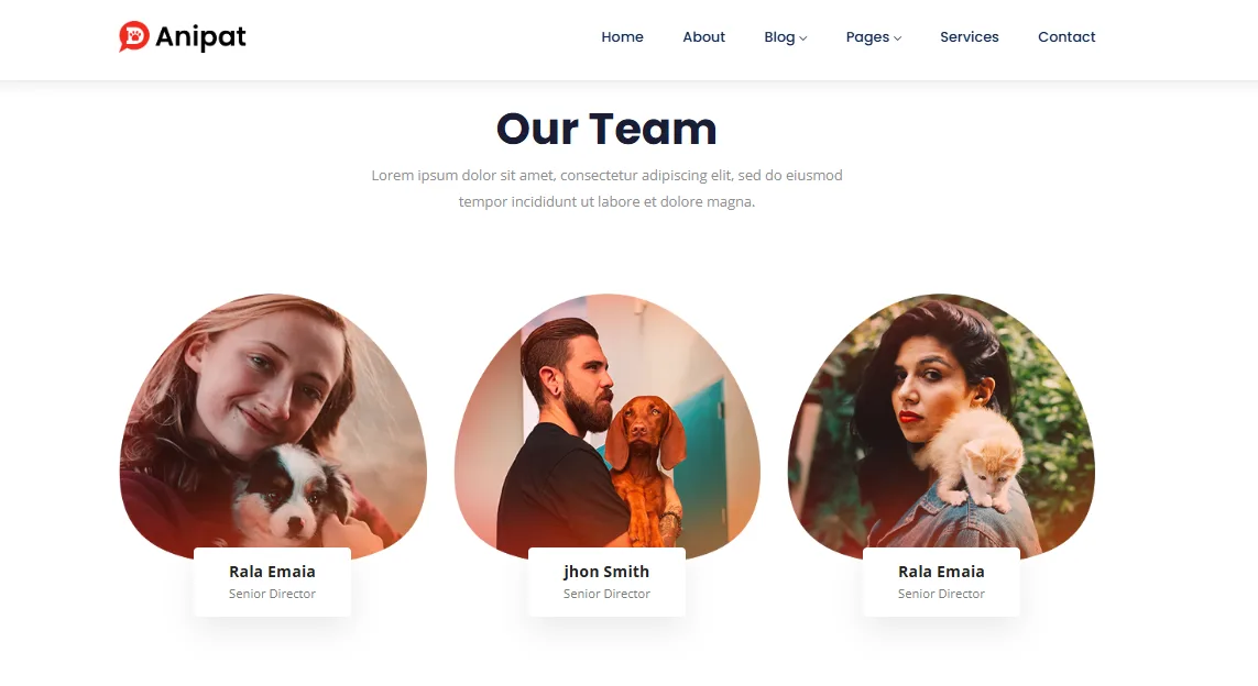 Anipat Our Team section with staff photos holding pets