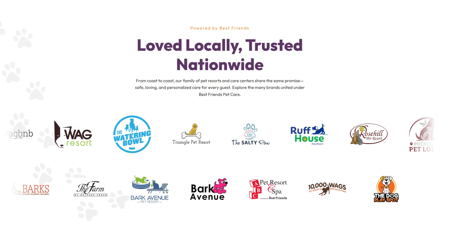 Best Friends Pet Care Loved Locally, Trusted Nationwide section with brand logos