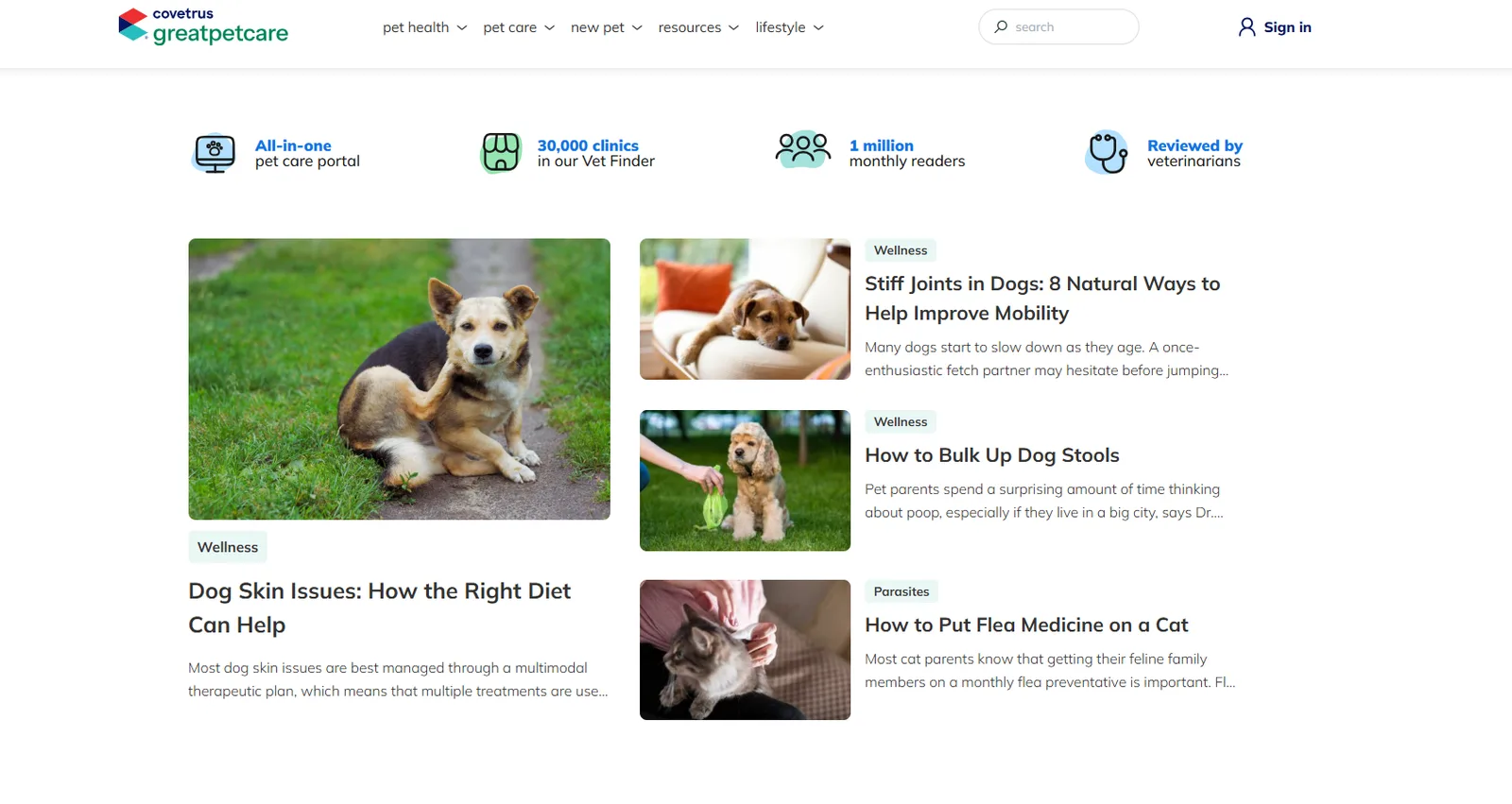 Great Pet Care homepage with pet health article cards and trust statistics