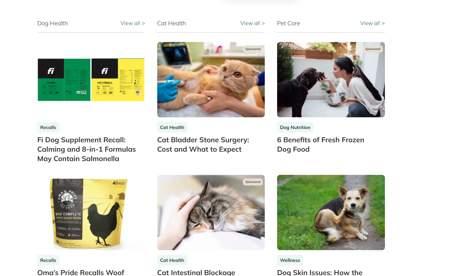 Great Pet Care article grid for dog health, cat health and pet care