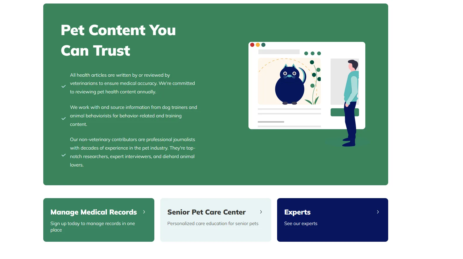 Great Pet Care Pet Content You Can Trust section with expert links