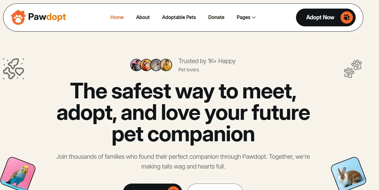 Pawdopt pet rescue homepage with The safest way to meet, adopt, and love your future pet companion hero