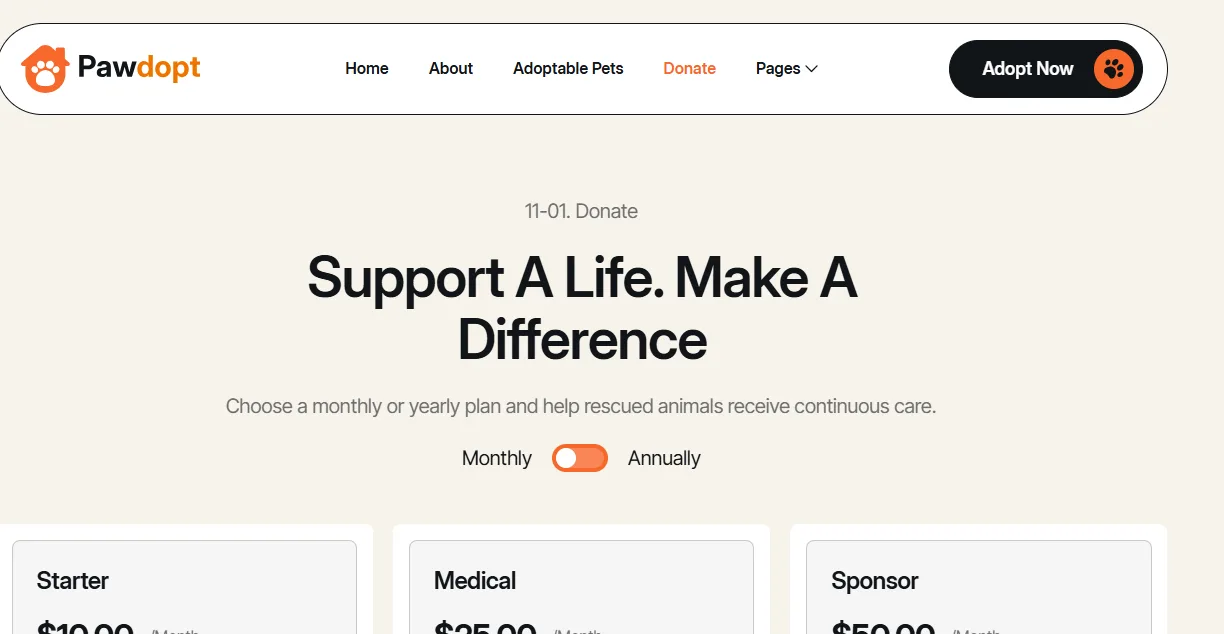 Pawdopt donation page with monthly and yearly support plans