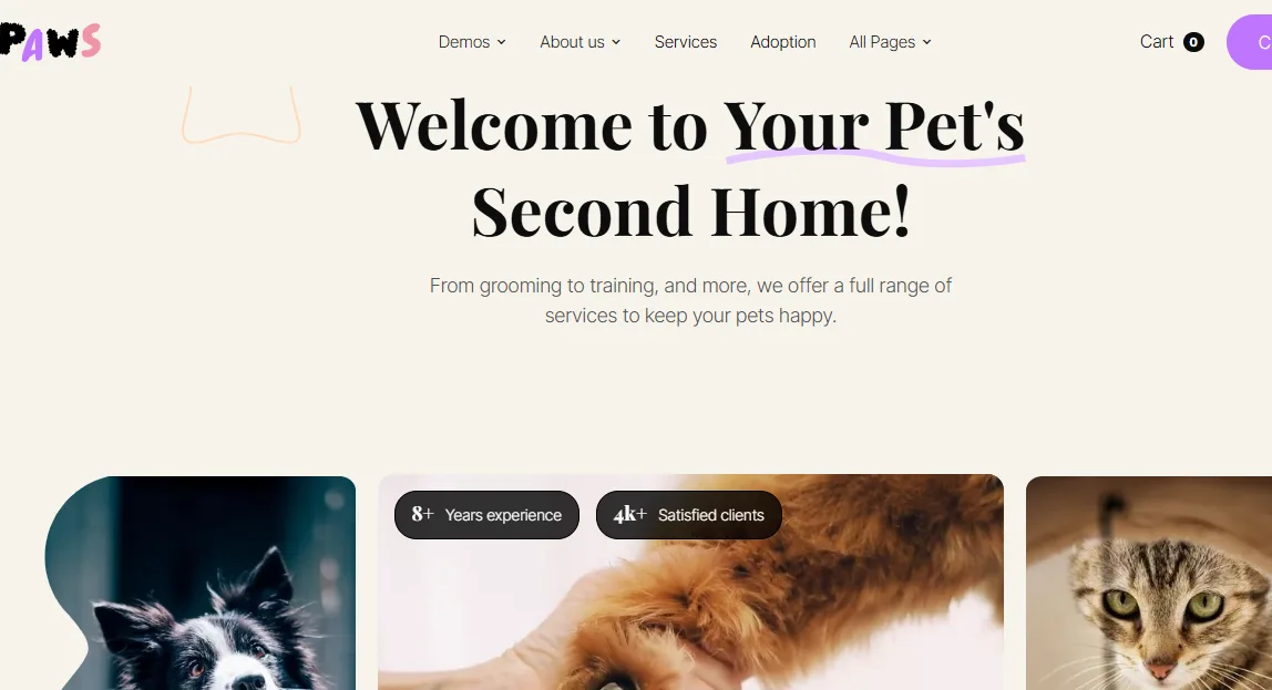 Paws luxury pet hotel homepage with a Welcome to Your Pet’s Second Home hero