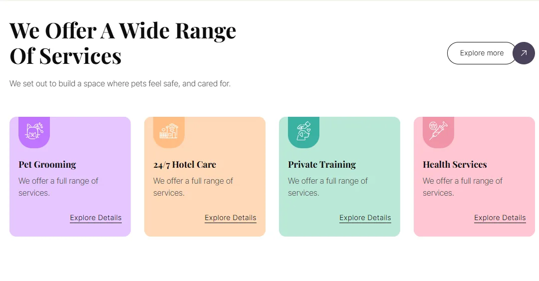 Paws services cards for pet grooming, 24/7 hotel care, private training and health services
