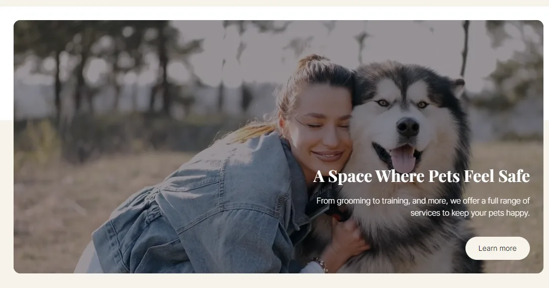 Paws A Space Where Pets Feel Safe banner with a woman and her husky