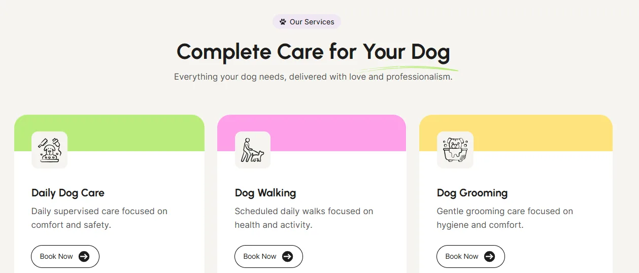 Pet sitting services cards for daily dog care, dog walking and dog grooming