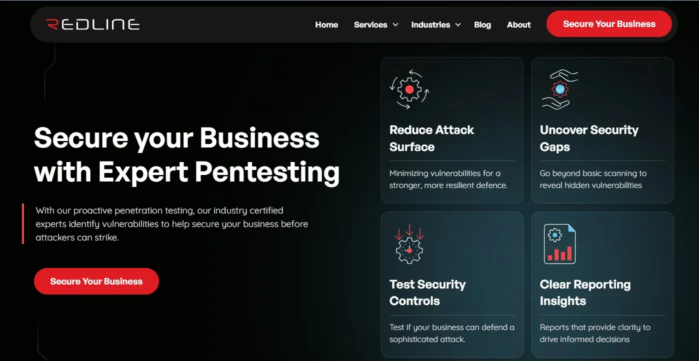 Redline homepage with a pentesting headline, red CTA and capability panels on a dark background