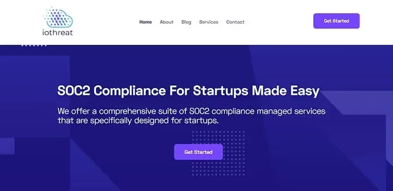 Iothreat homepage promoting SOC 2 compliance with a prominent Get Started button