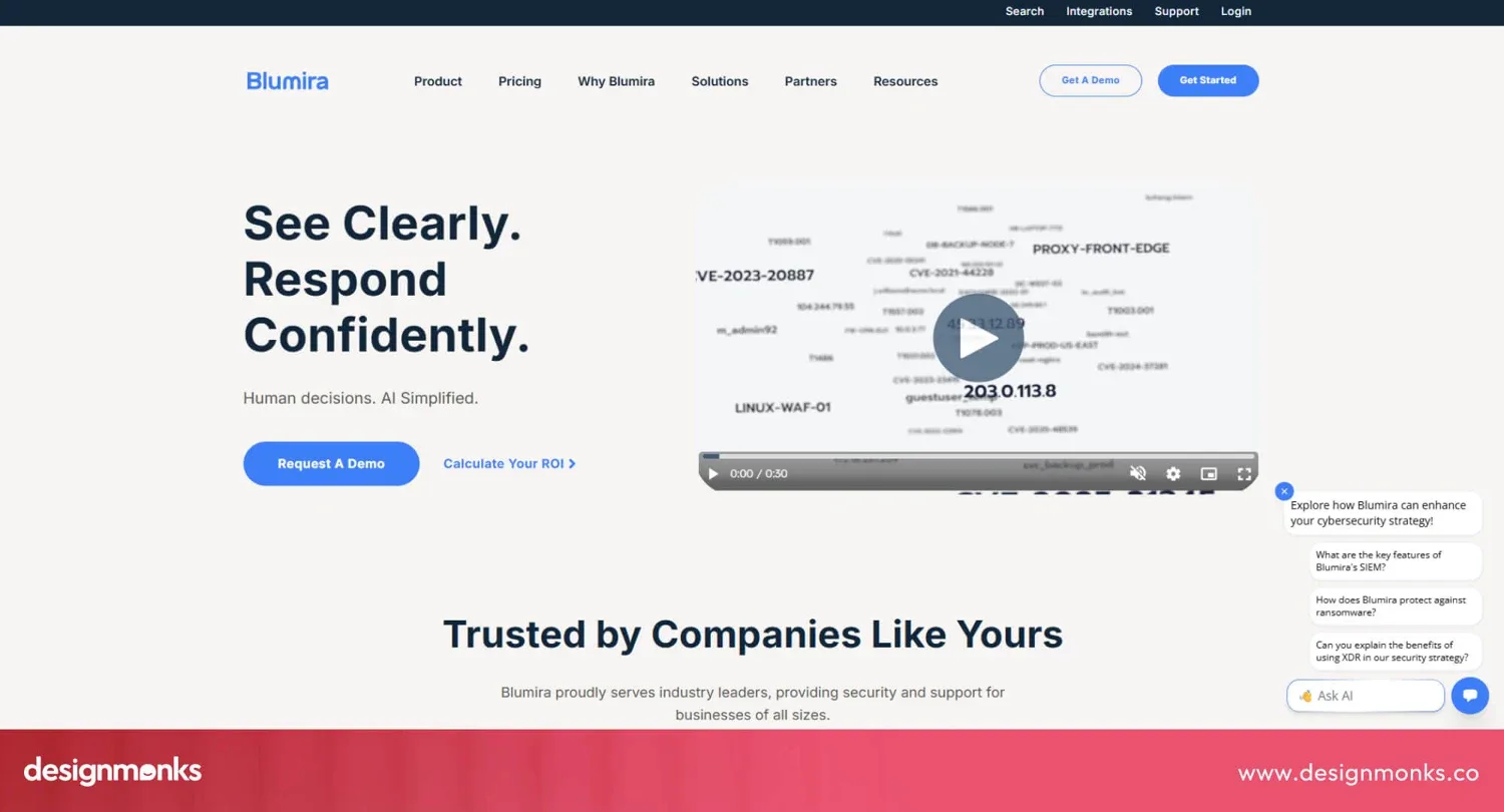 Blumira homepage with a product video and a trusted by companies section
