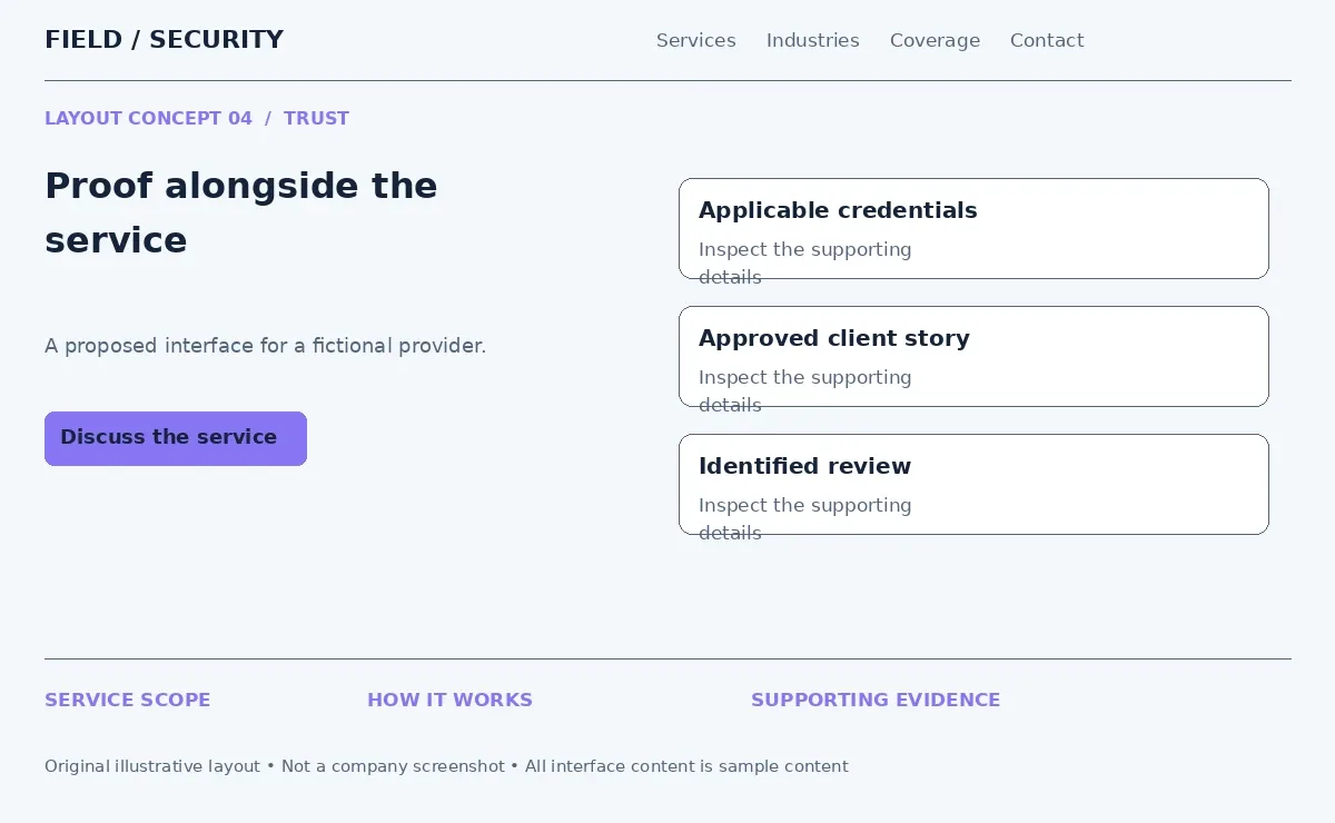 Illustrative security website section placing credentials, client stories and reviews beside the service