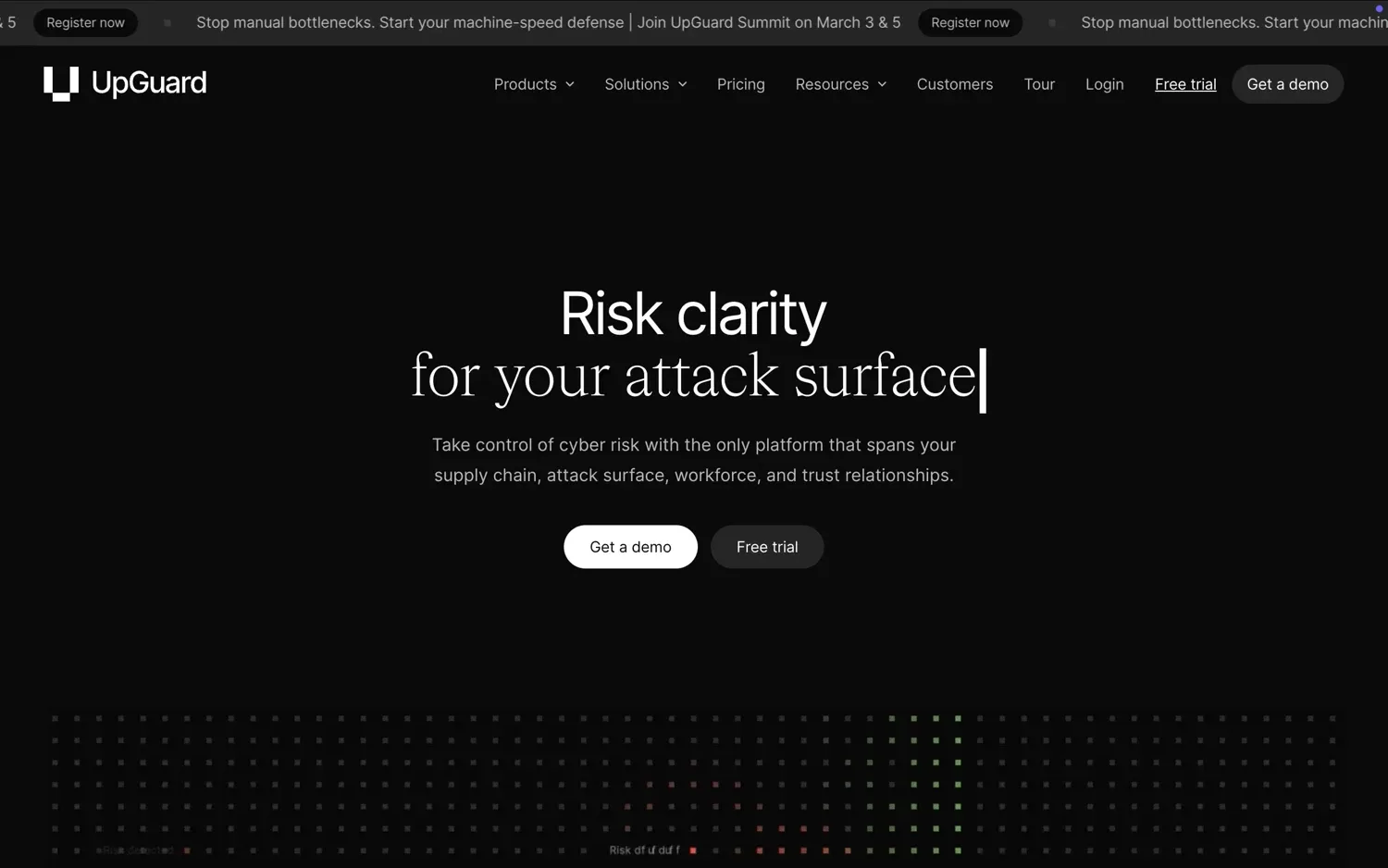 UpGuard homepage with a risk clarity headline on a dark background