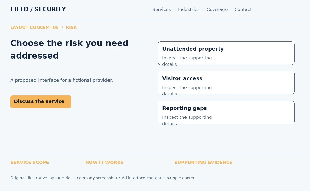 Illustrative security website layout organized around risks such as unattended property and visitor access