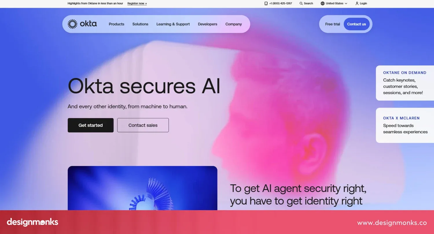 Okta homepage with a large Okta secures AI hero and a video preview