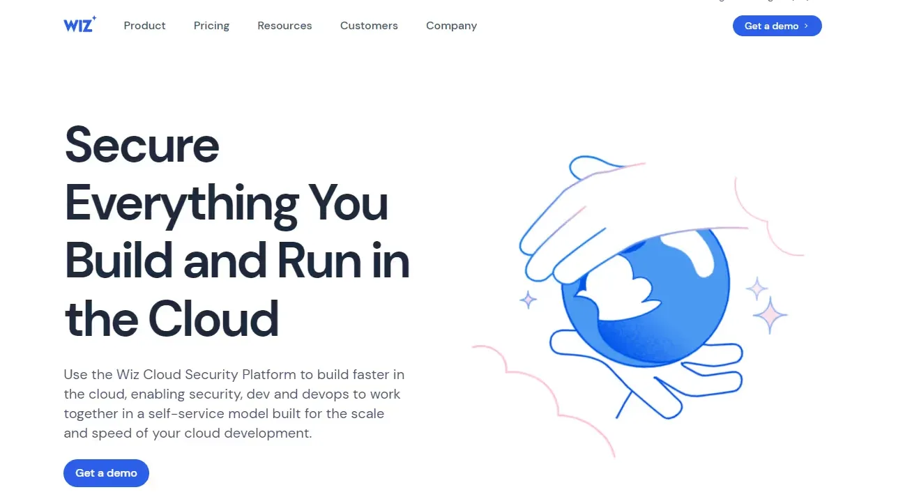 Wiz homepage with a cloud security headline and an illustrated cloud visual