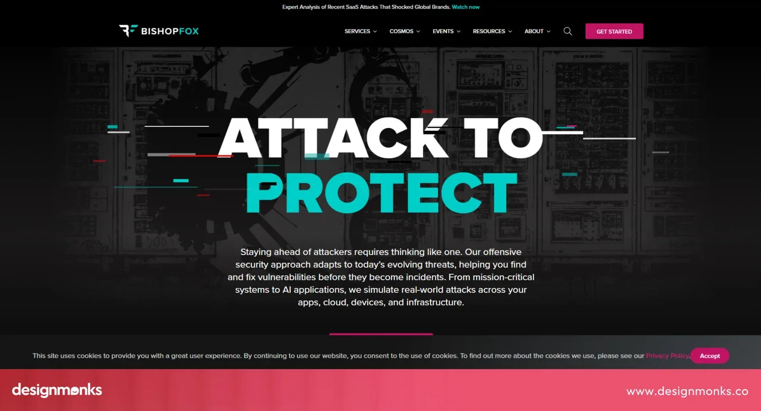 Bishop Fox homepage with a bold Attack to Protect headline over a dark hero