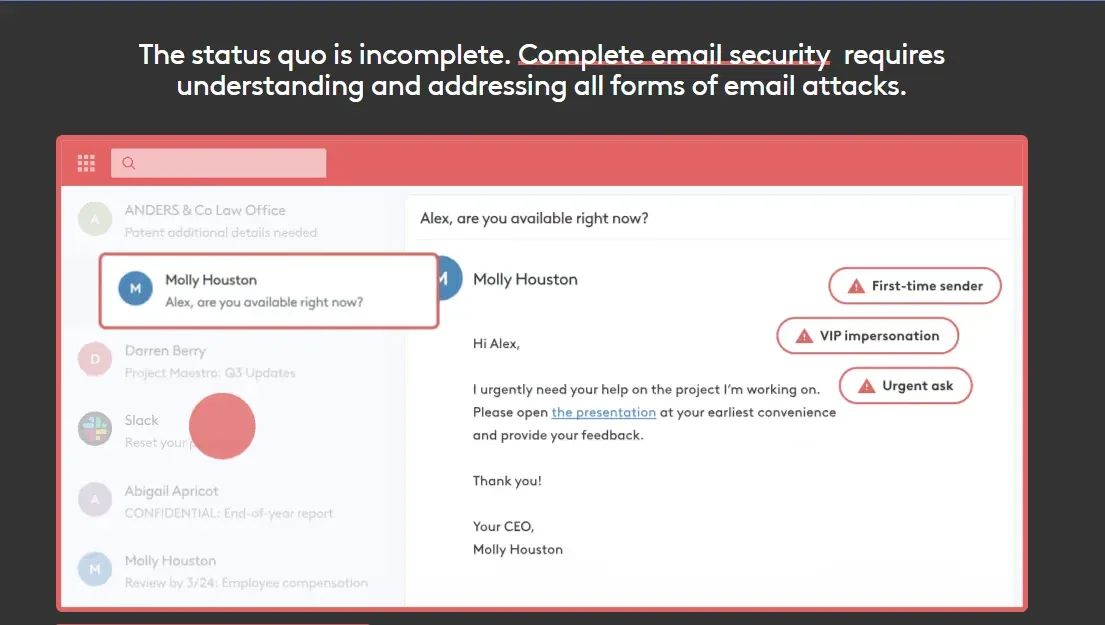 Email security interface highlighting a suspicious message with impersonation warnings