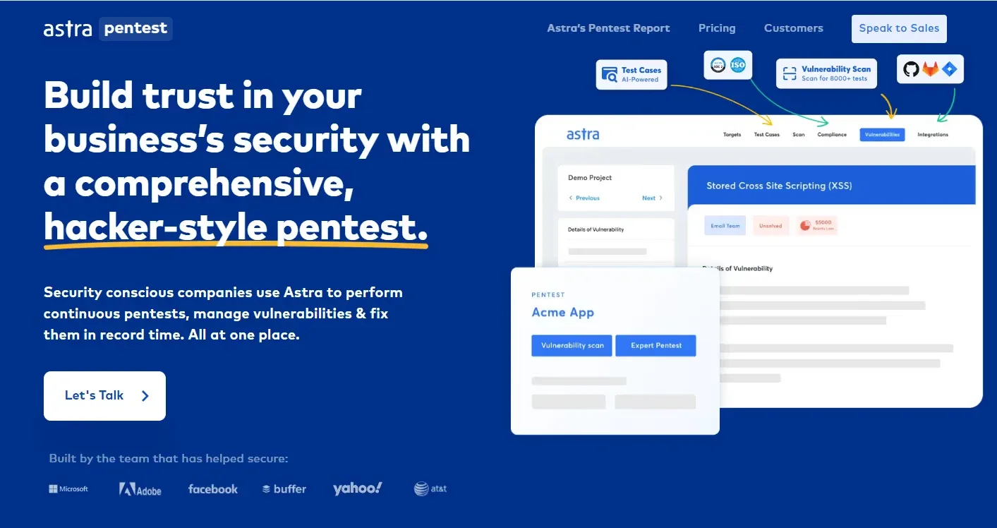 Astra Pentest homepage with a dashboard preview beside the pentest headline