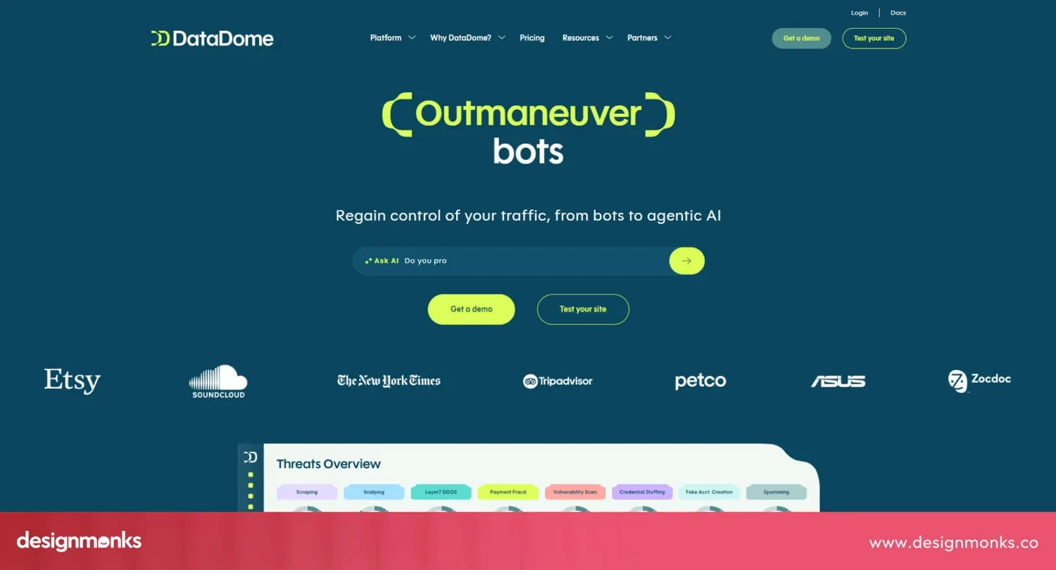 DataDome homepage with a bot protection headline, customer logos and a threats dashboard