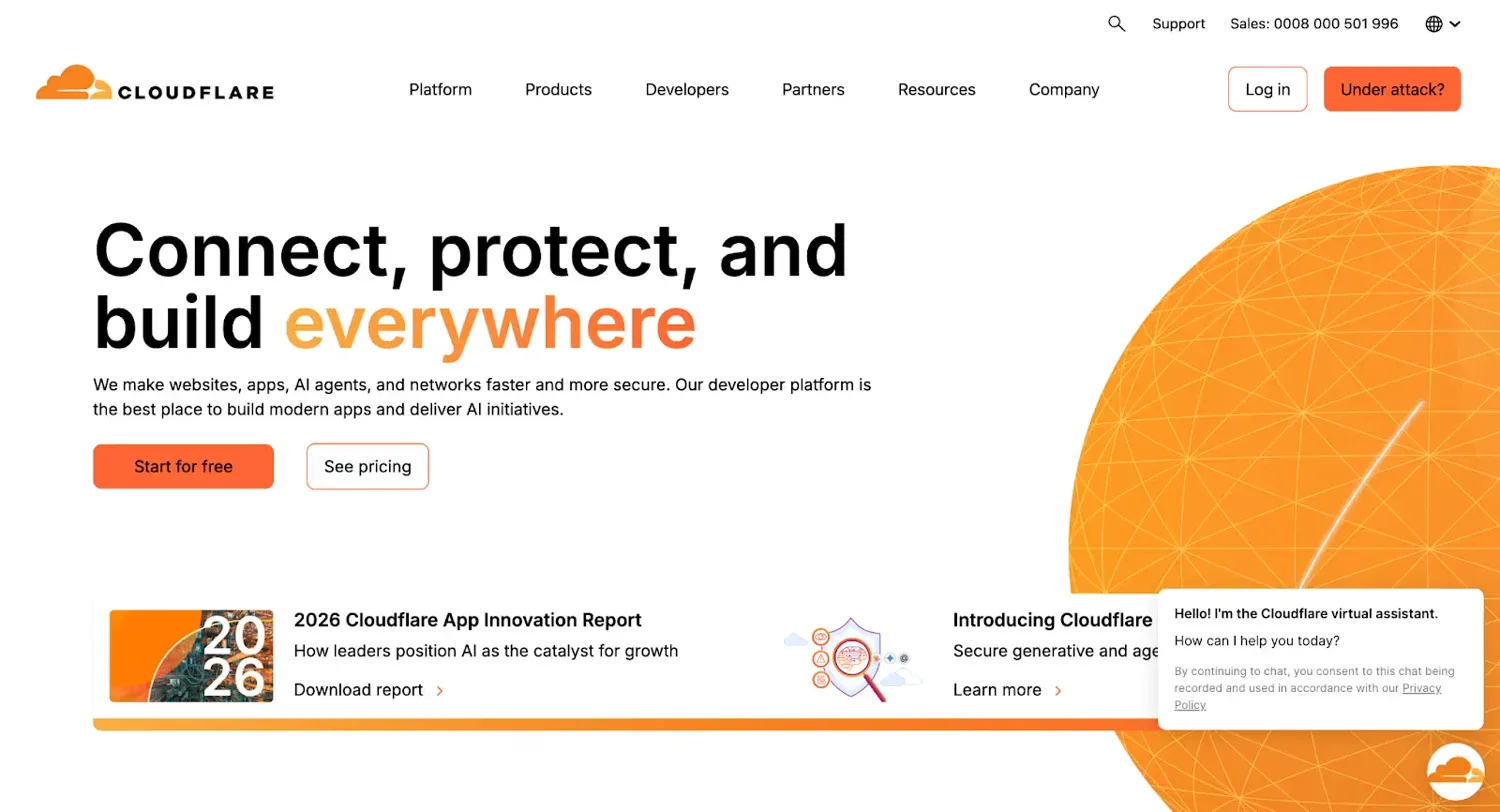 Cloudflare homepage with an orange accent hero and featured resources