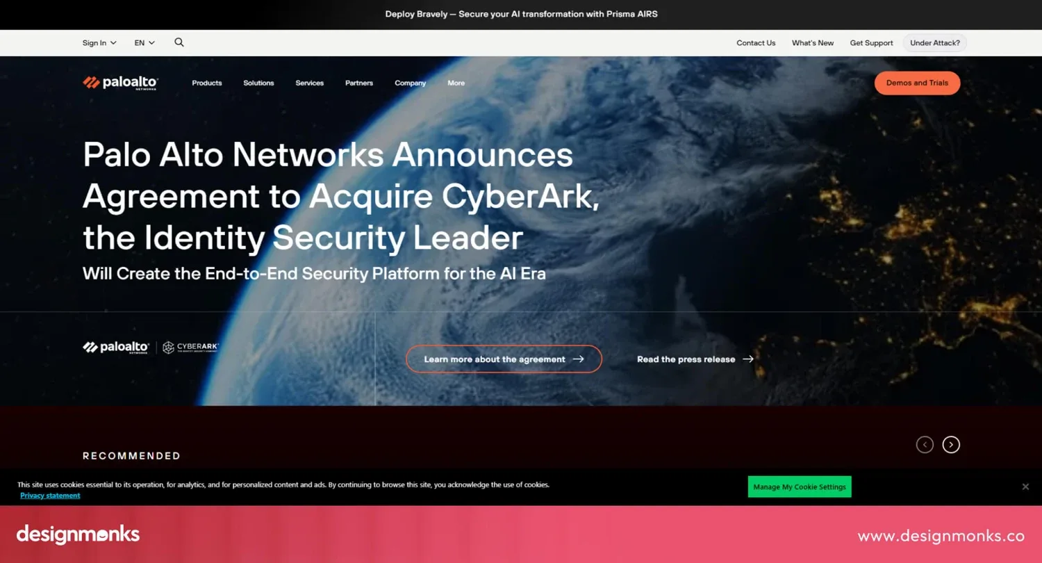 Palo Alto Networks homepage announcing its agreement to acquire CyberArk
