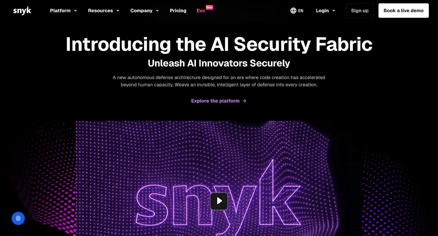 Snyk homepage introducing its AI Security Fabric on a dark video background