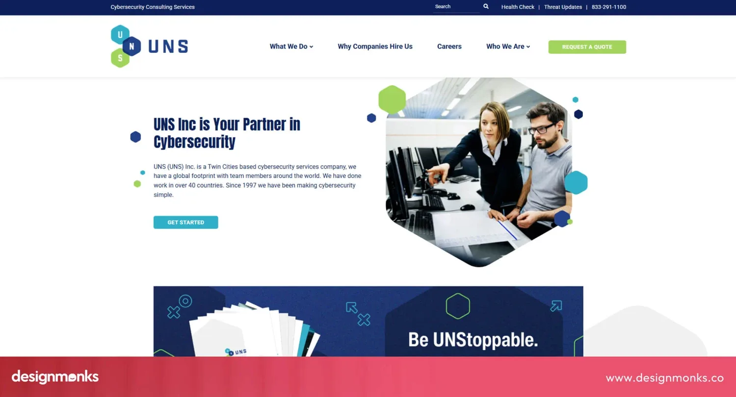 UNS cybersecurity company homepage with a team photo and Get Started button