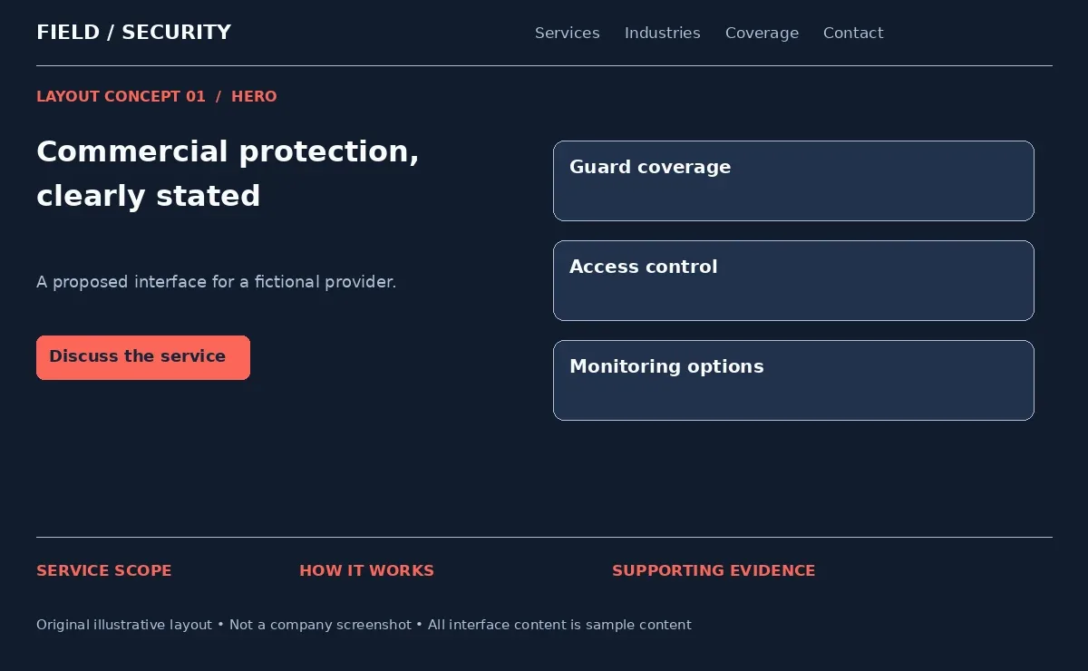 Illustrative security website hero with a clear service headline beside service panels