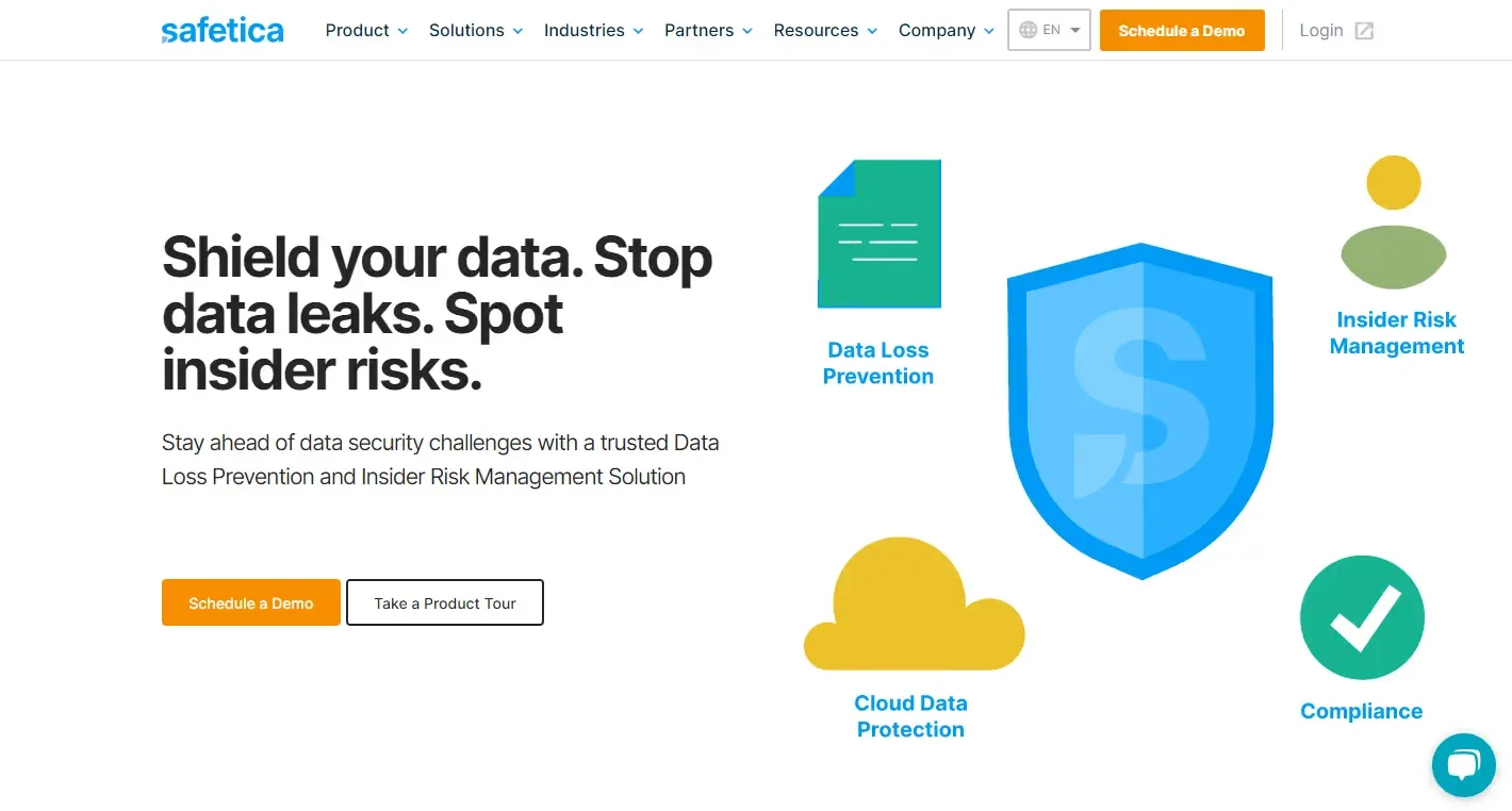 Safetica homepage with a data protection headline, illustrated icons and two CTAs