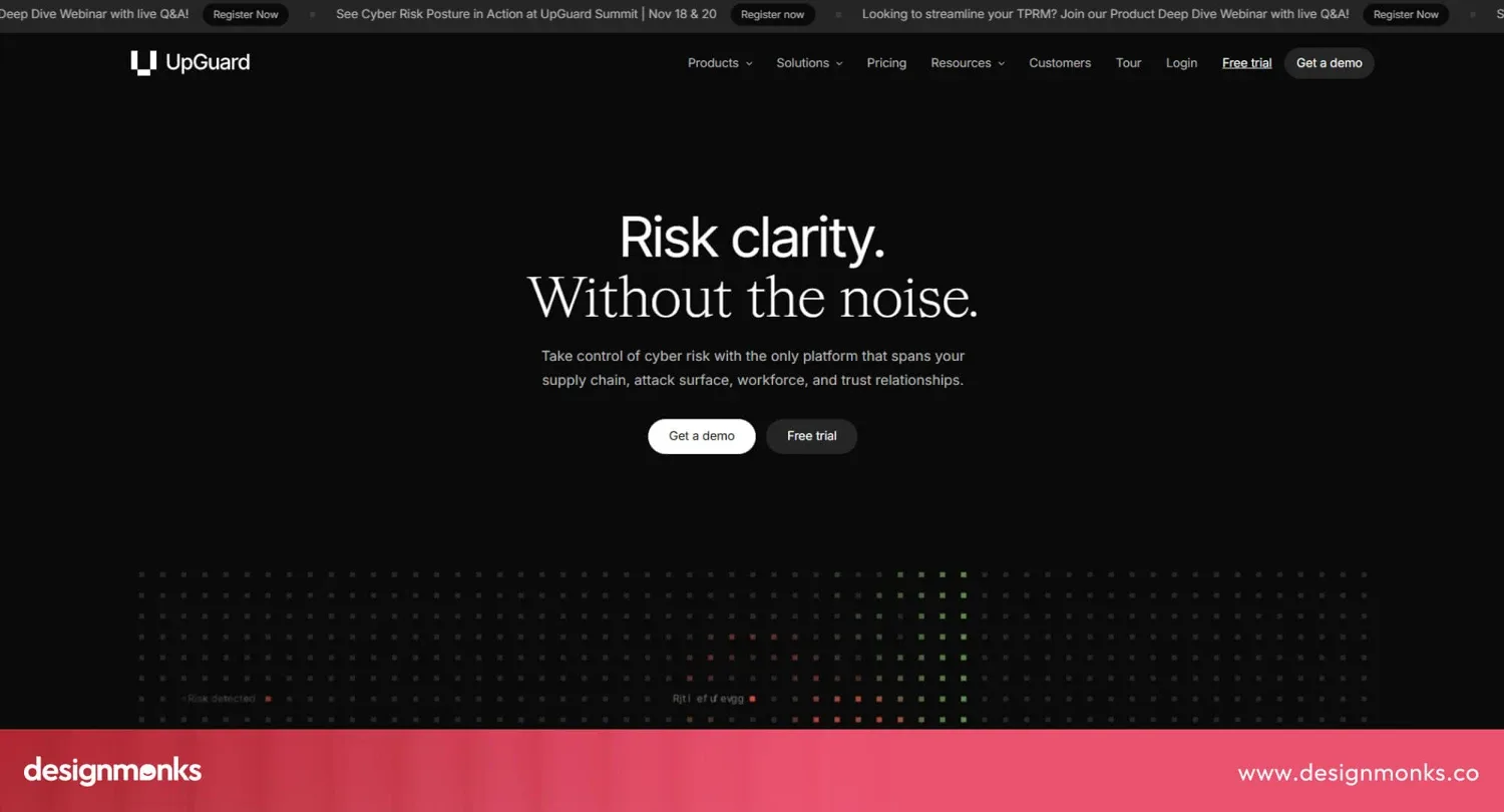 UpGuard homepage with a Risk clarity, Without the noise headline and demo buttons