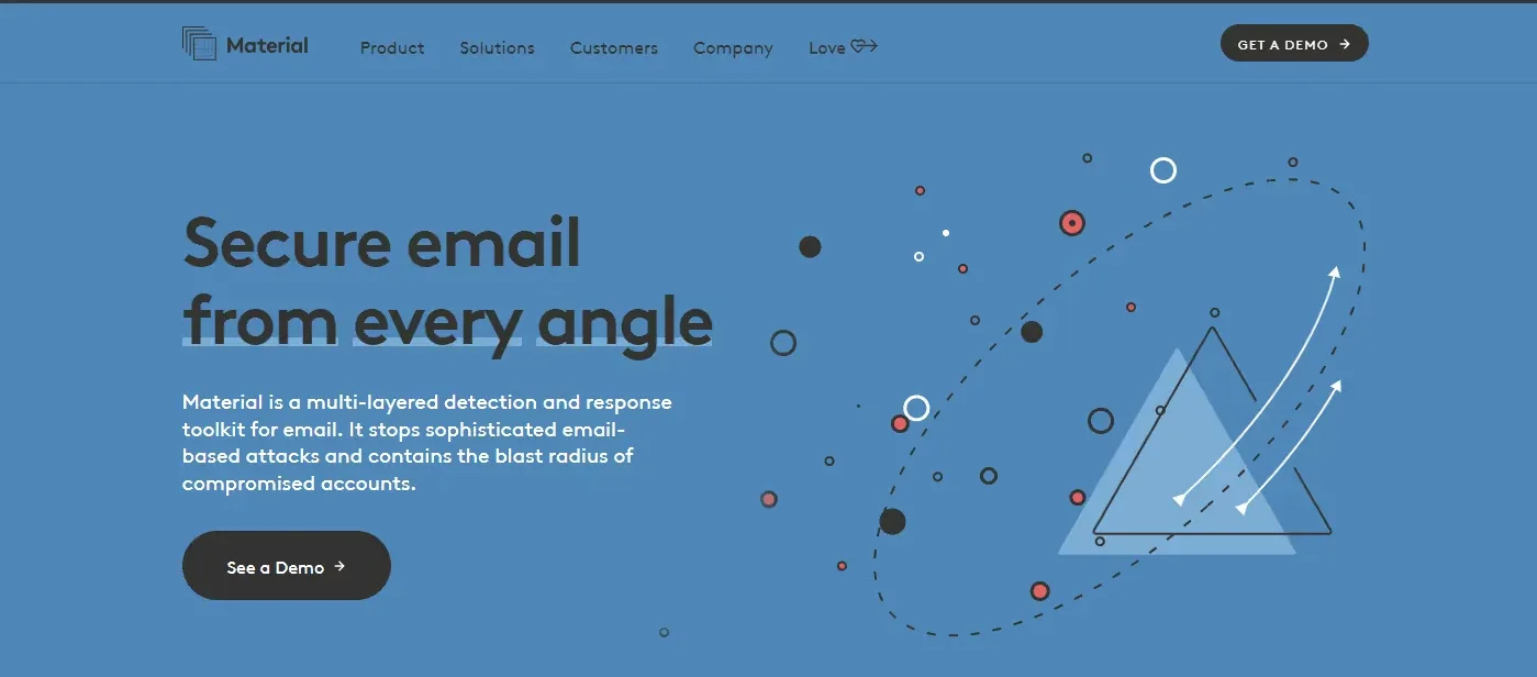 Material Security homepage with an email security headline and threat illustration