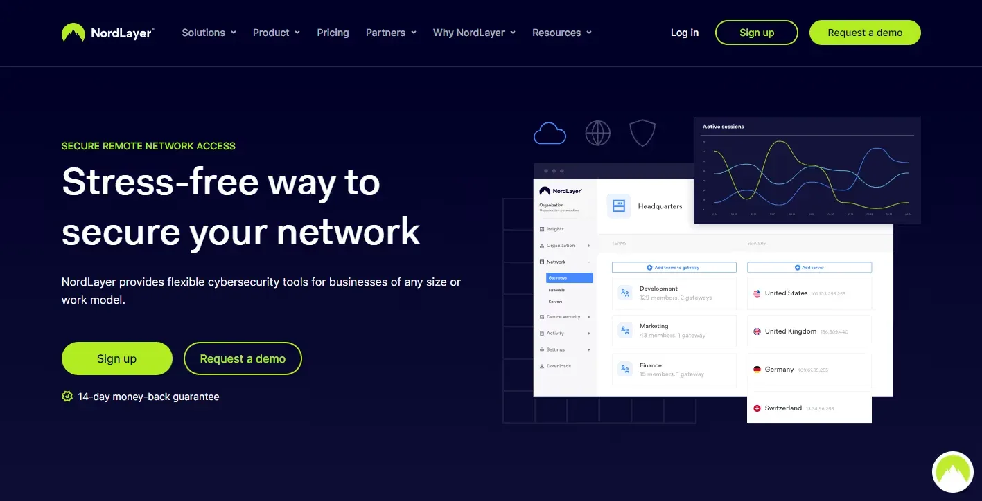 NordLayer homepage with a network security headline and dashboard preview