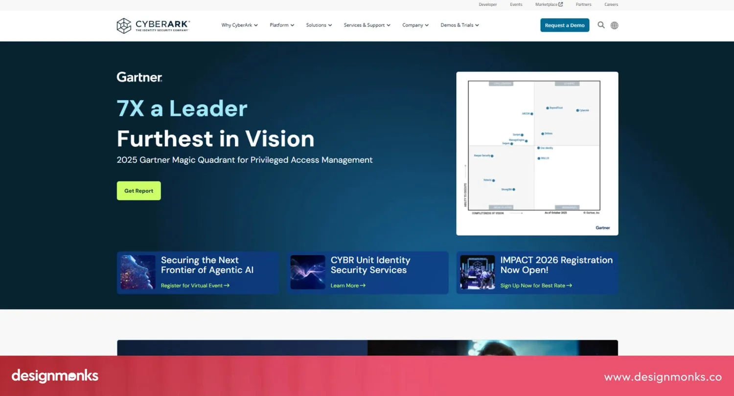 CyberArk homepage highlighting its Gartner Magic Quadrant leader position