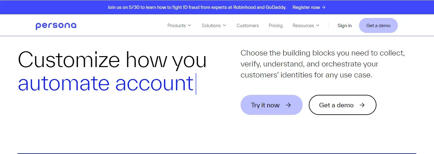 Persona homepage with a clean white layout and an identity automation headline