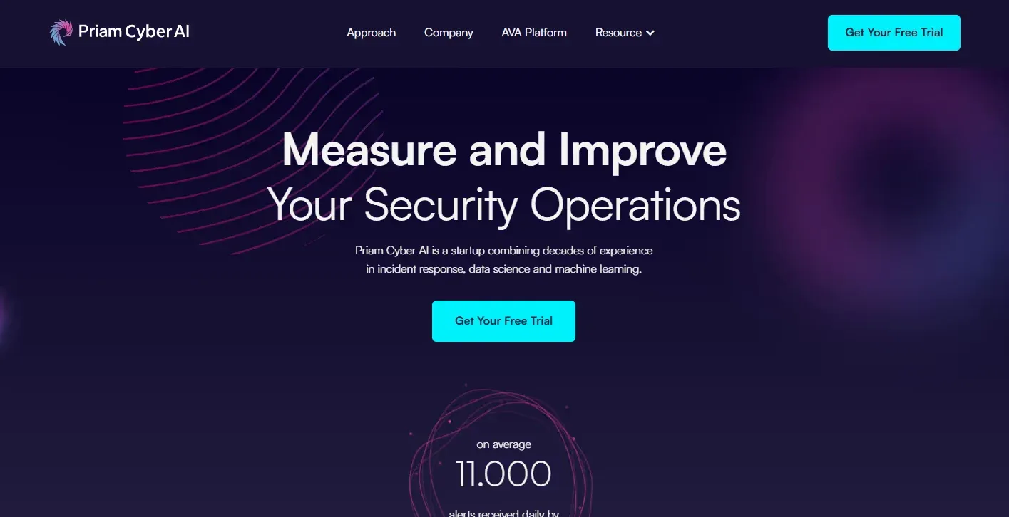 Priam Cyber AI homepage with a centered headline and bright CTA on a dark purple background