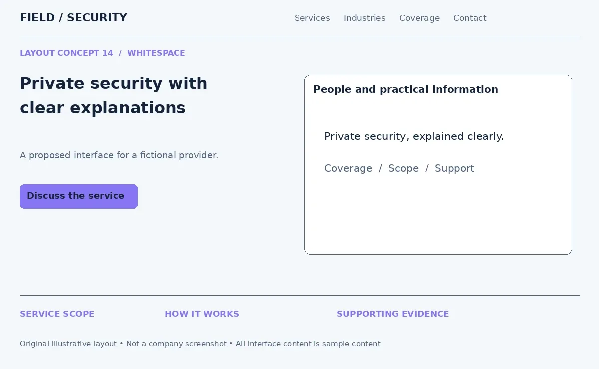 Illustrative private security layout with generous whitespace and short explanations