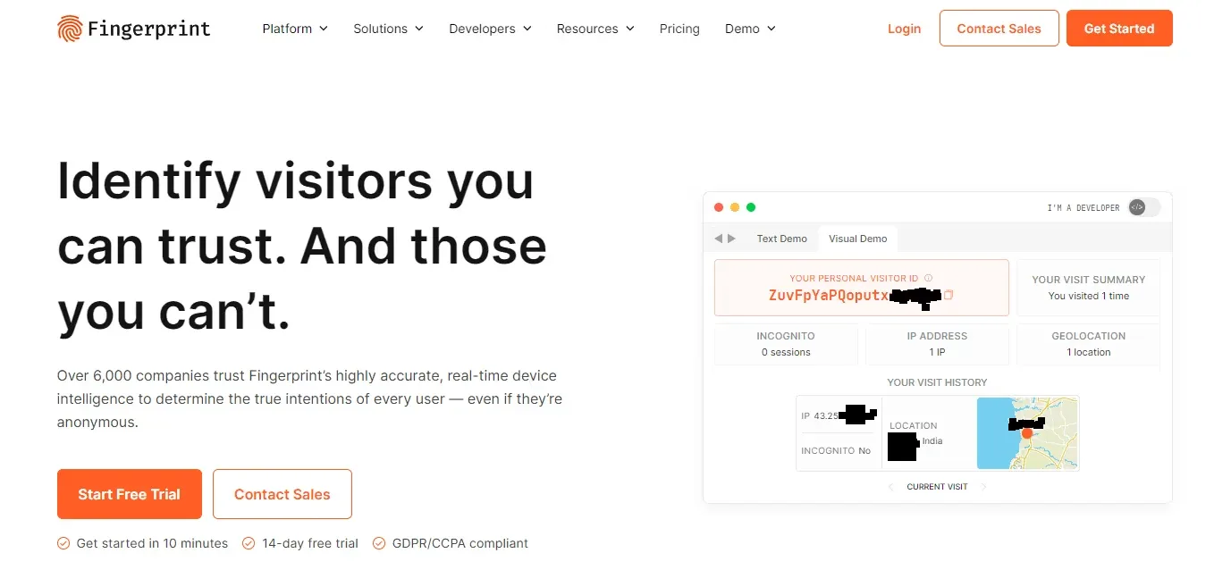 Fingerprint homepage with a visitor identification headline and an interactive demo panel