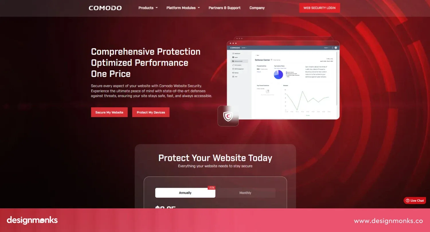 Comodo website security page with a red hero and a product dashboard