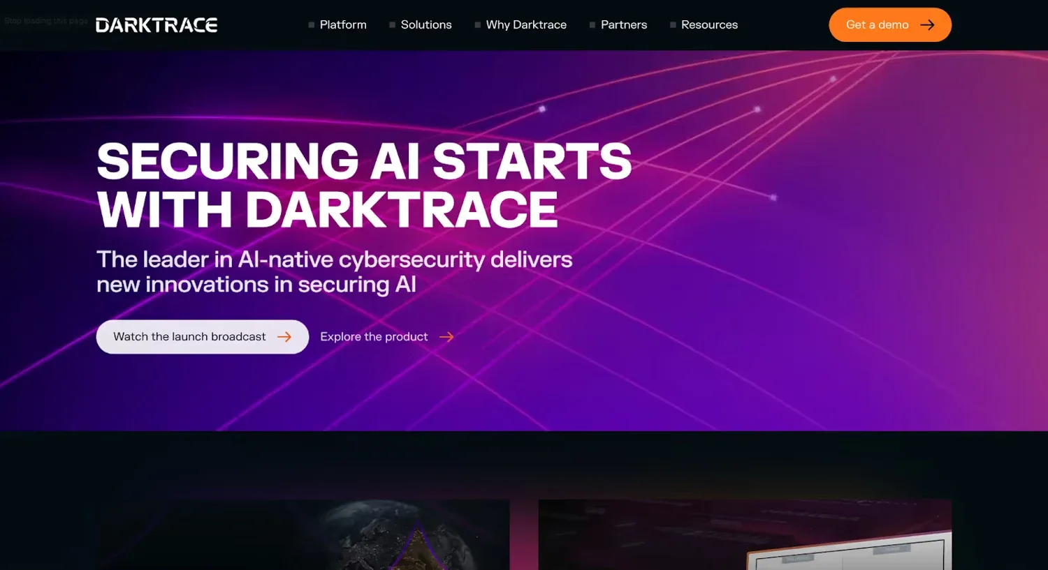 Darktrace homepage with an AI security headline on a purple and pink background