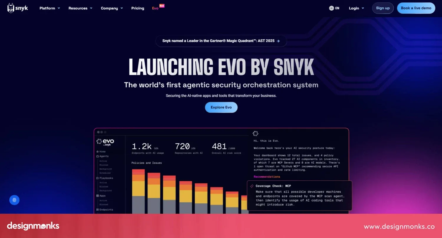 Snyk page launching Evo with an agentic security dashboard