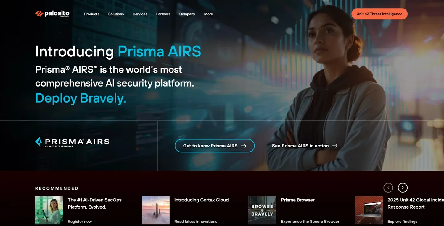 Palo Alto Networks homepage introducing Prisma AIRS with recommended resources