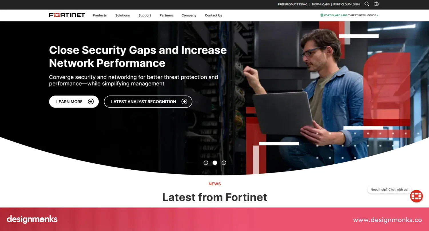 Fortinet homepage with a security and networking headline and a technician photo