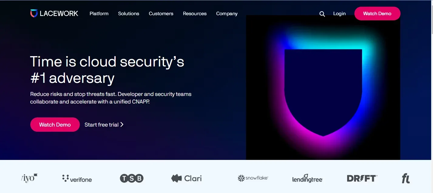 Lacework homepage with a dark hero, glowing shield graphic and customer logos
