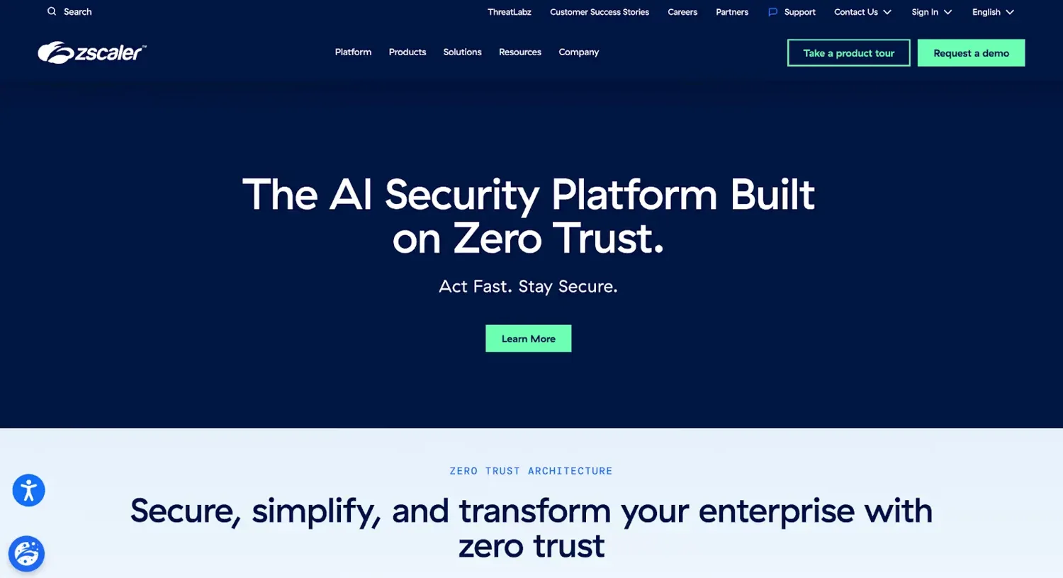 Zscaler homepage with a zero trust AI security platform headline